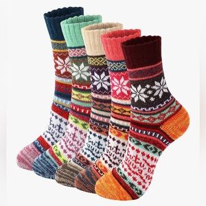 New set of 5 Colorful Patterned Knit Socks winter wool hiking boot socks women’s